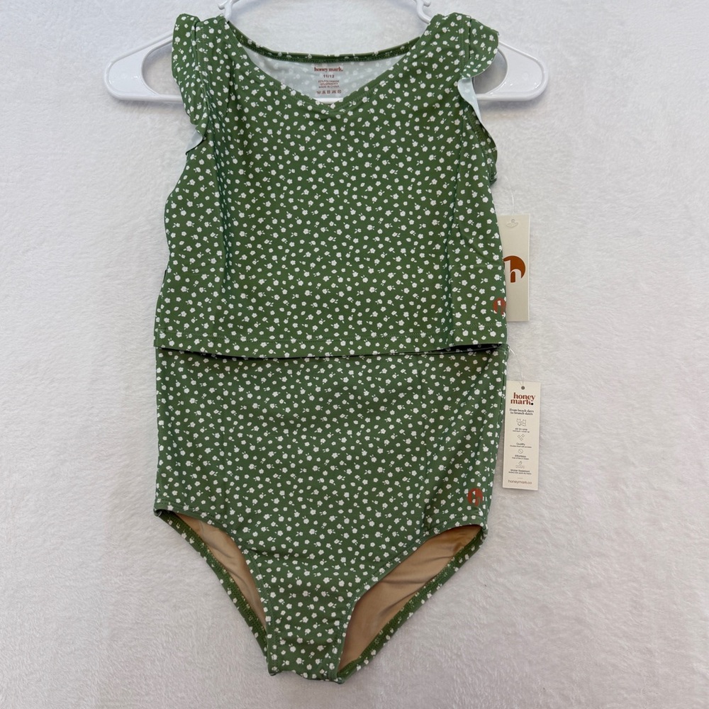 NWT Honey mark Swim Set Girls Floral Olive Green Two-Piece Swimsuit Beach Bikini